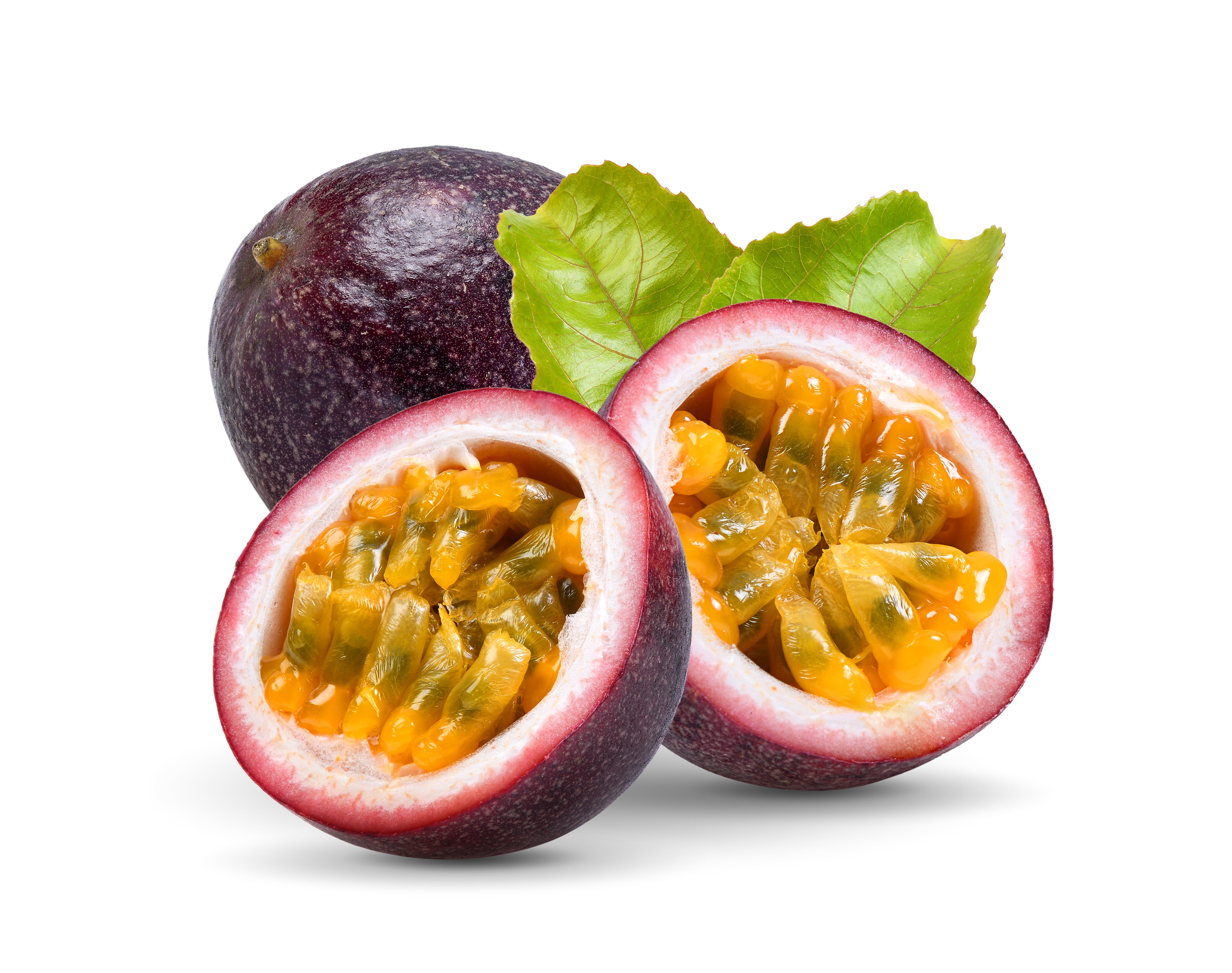 Maracuja 'Suntropics' – Frucht mit Blatt